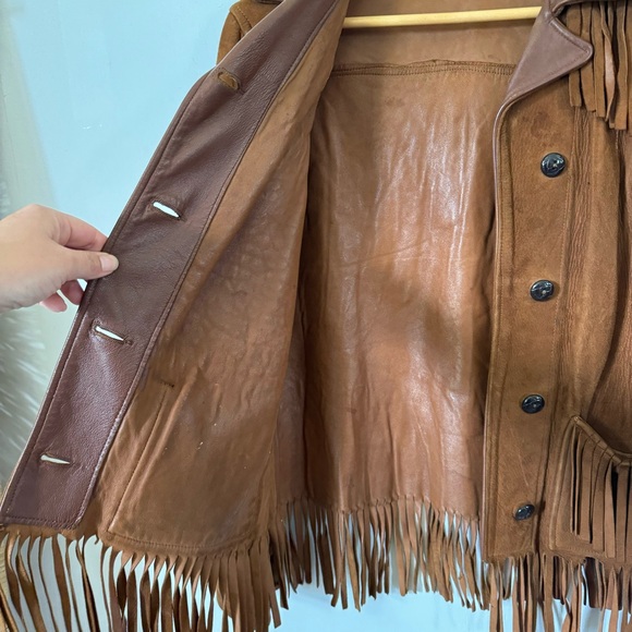 Vintage Brown Fringe Leather Jacket 50s Western Boho Harriswear Womens Medium - Picture 10 of 12
